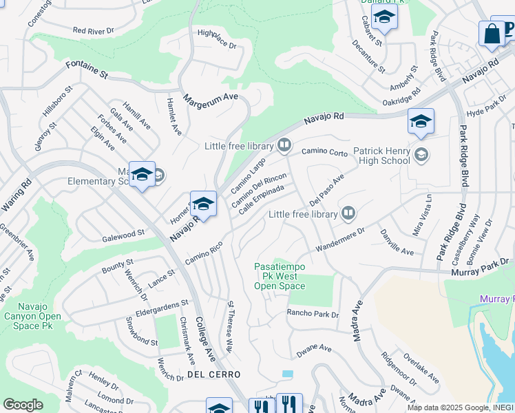 map of restaurants, bars, coffee shops, grocery stores, and more near 6184 Camino Rico in San Diego