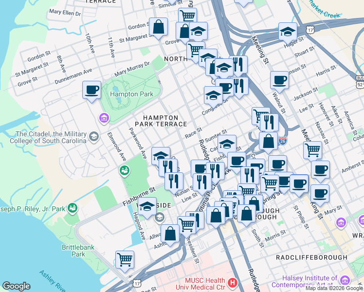 map of restaurants, bars, coffee shops, grocery stores, and more near 346 Ashley Avenue in Charleston