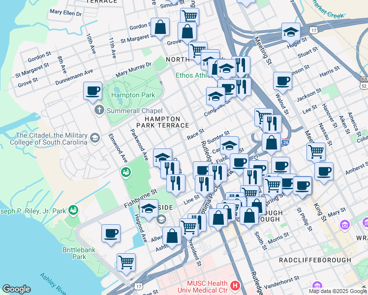 map of restaurants, bars, coffee shops, grocery stores, and more near 346 Ashley Avenue in Charleston