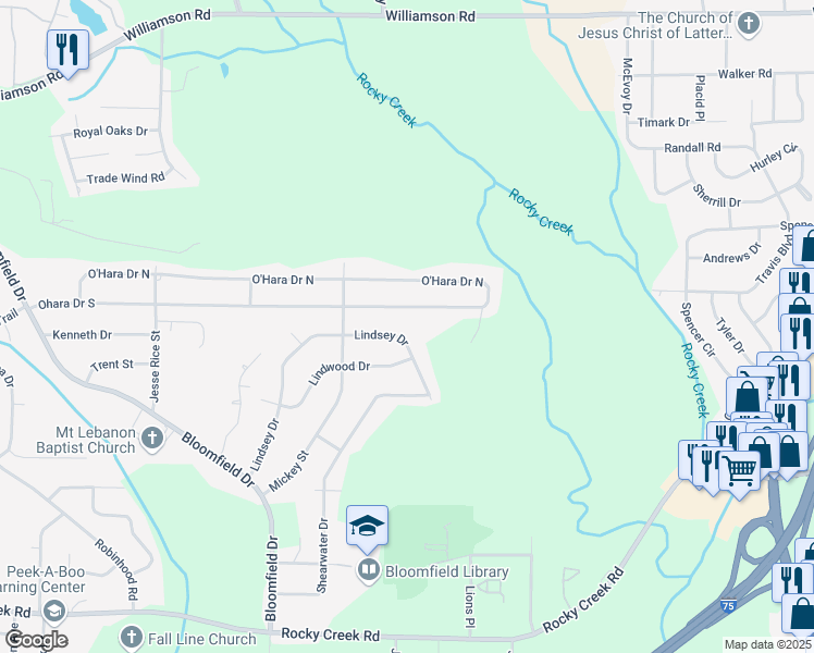 map of restaurants, bars, coffee shops, grocery stores, and more near 3126 O'Hara Drive North in Macon