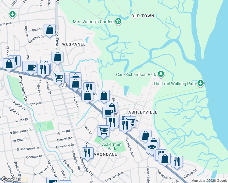 map of restaurants, bars, coffee shops, grocery stores, and more near 1010 Fiall Street in Charleston