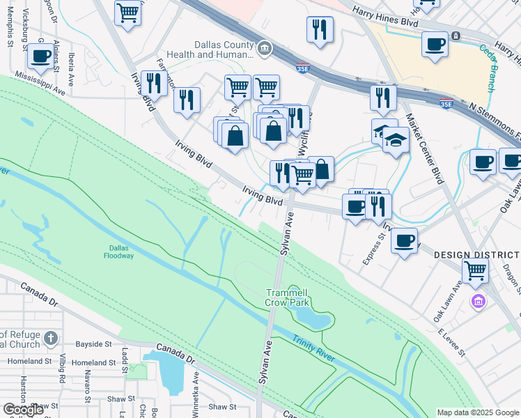 map of restaurants, bars, coffee shops, grocery stores, and more near 2243 Irving Boulevard in Dallas