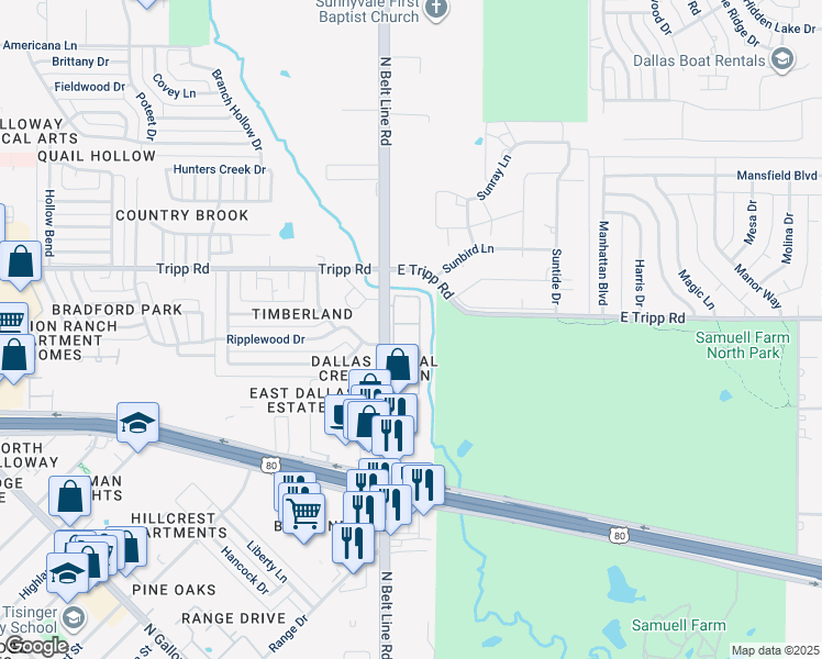map of restaurants, bars, coffee shops, grocery stores, and more near 2306 North Belt Line Road in Mesquite