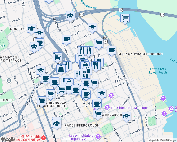 map of restaurants, bars, coffee shops, grocery stores, and more near 79 Nassau Street in Charleston