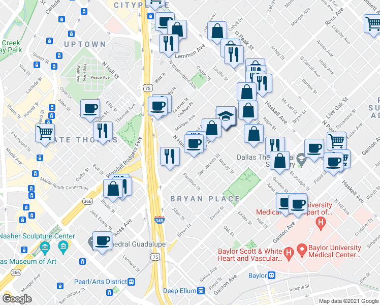 map of restaurants, bars, coffee shops, grocery stores, and more near 1705 North Hall Street in Dallas