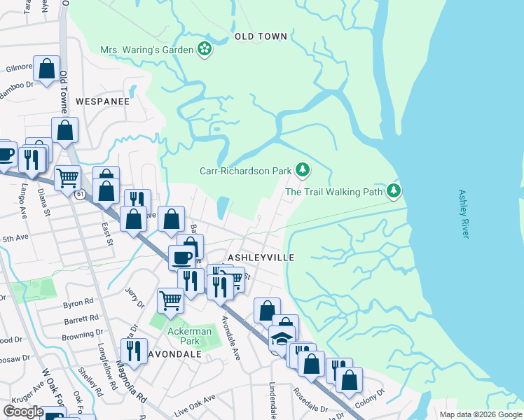 map of restaurants, bars, coffee shops, grocery stores, and more near 1035 Main Street in Charleston