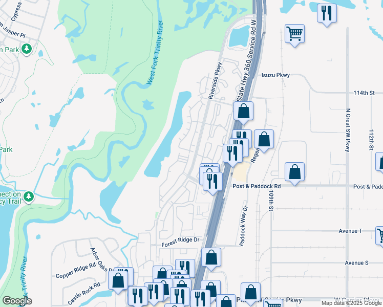 map of restaurants, bars, coffee shops, grocery stores, and more near 2803 Riverside Parkway in Grand Prairie