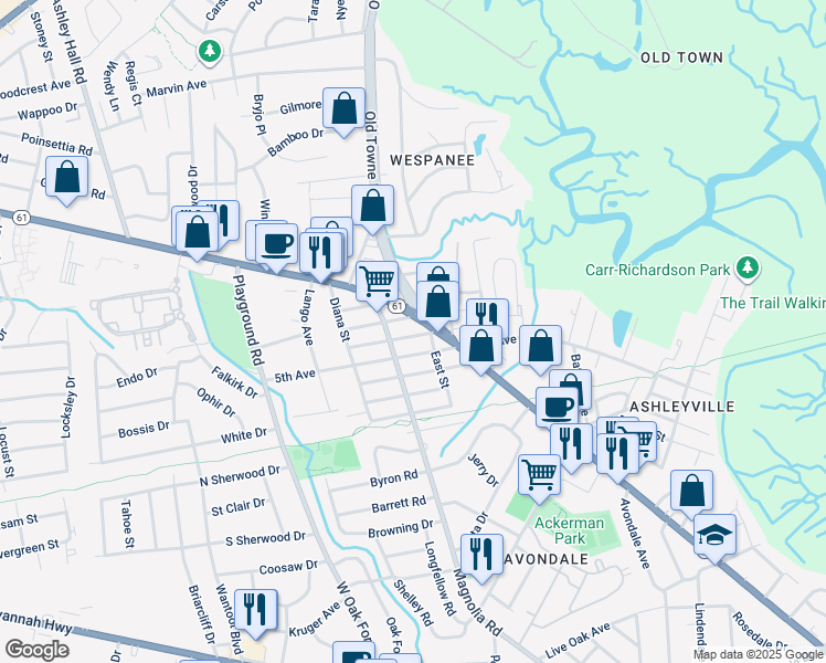 map of restaurants, bars, coffee shops, grocery stores, and more near 1136 Forbes Avenue in Charleston