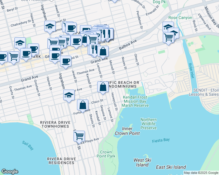 map of restaurants, bars, coffee shops, grocery stores, and more near 1958 Pacific Beach Drive in San Diego