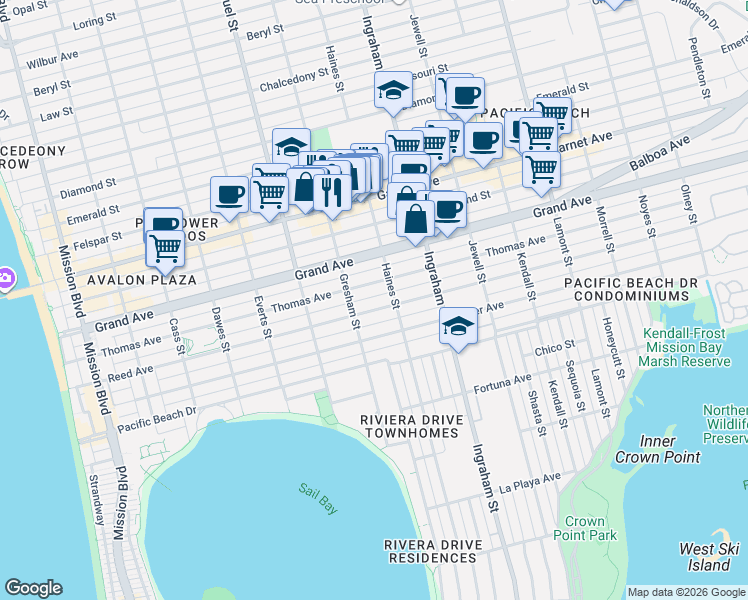 map of restaurants, bars, coffee shops, grocery stores, and more near 1421 Thomas Avenue in San Diego