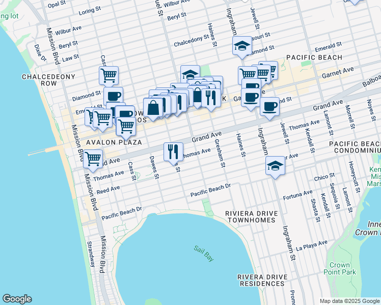 map of restaurants, bars, coffee shops, grocery stores, and more near 1258 Thomas Avenue in San Diego
