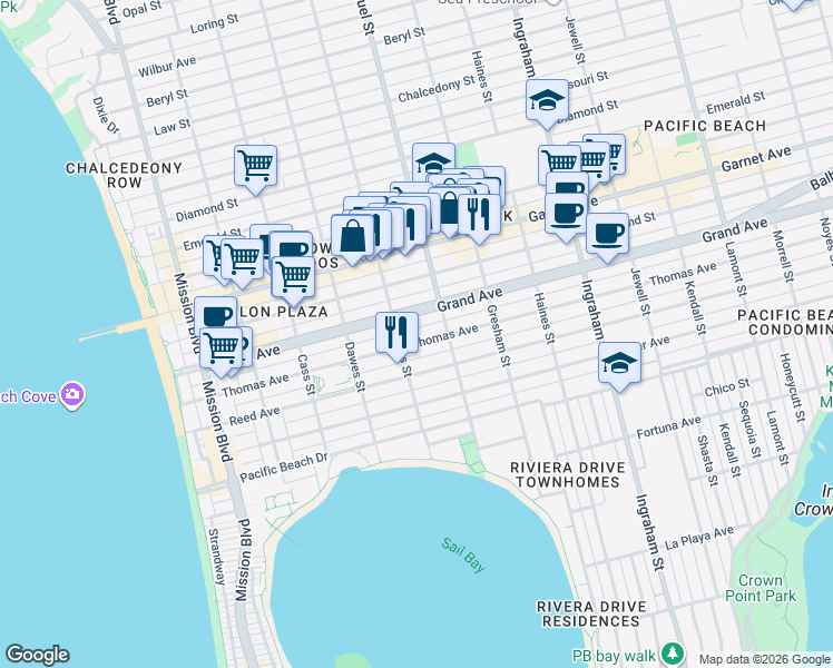 map of restaurants, bars, coffee shops, grocery stores, and more near 1258 Thomas Avenue in San Diego