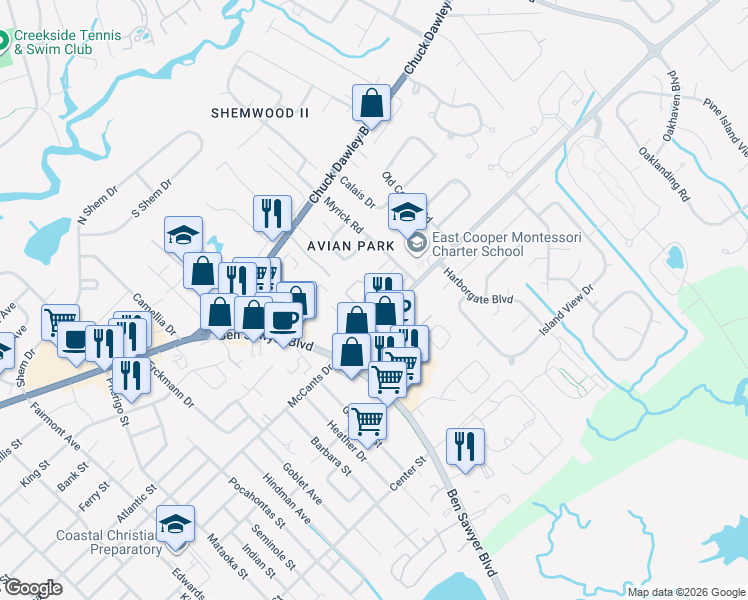map of restaurants, bars, coffee shops, grocery stores, and more near 1351 Cassidy Court in Mount Pleasant