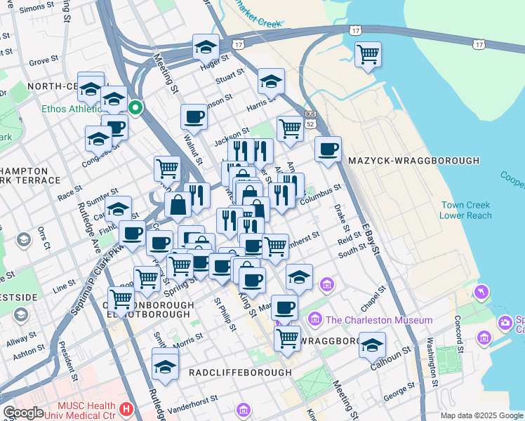 map of restaurants, bars, coffee shops, grocery stores, and more near 472 Meeting Street in Charleston