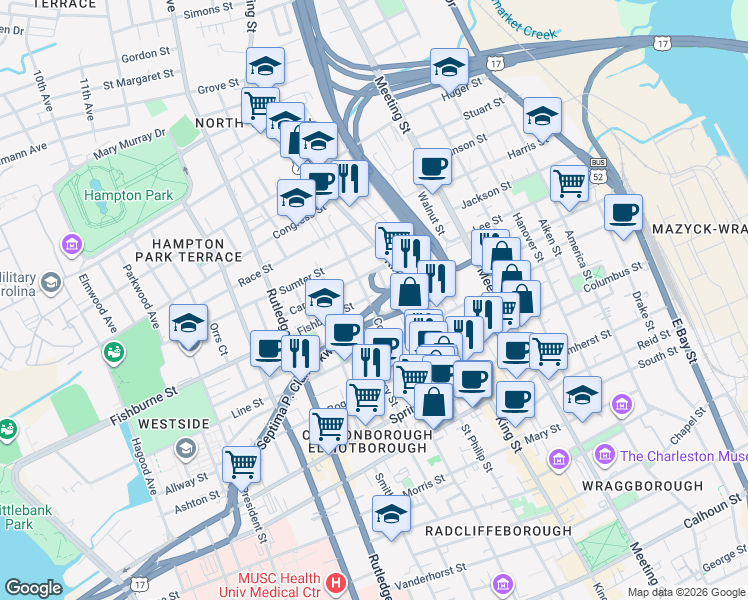 map of restaurants, bars, coffee shops, grocery stores, and more near 86 Fishburne Street in Charleston