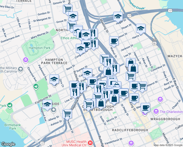 map of restaurants, bars, coffee shops, grocery stores, and more near 27 Carolina Street in Charleston