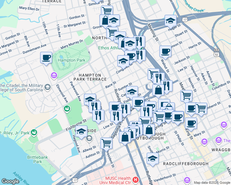 map of restaurants, bars, coffee shops, grocery stores, and more near in Charleston