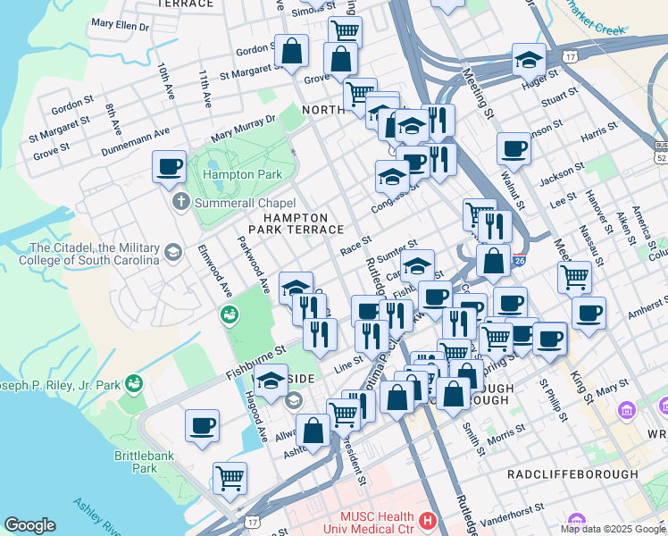 map of restaurants, bars, coffee shops, grocery stores, and more near 346 Ashley Avenue in Charleston