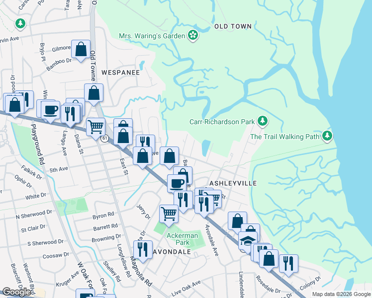 map of restaurants, bars, coffee shops, grocery stores, and more near 1010 Fiall Street in Charleston