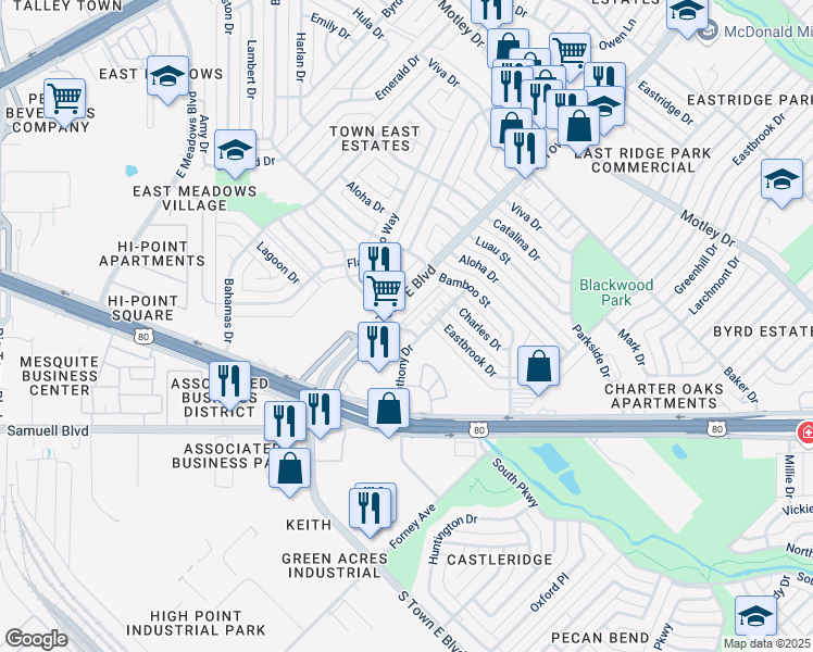 map of restaurants, bars, coffee shops, grocery stores, and more near 2136 North Town East Boulevard in Mesquite