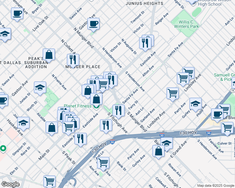 map of restaurants, bars, coffee shops, grocery stores, and more near 5010 Eastside Avenue in Dallas