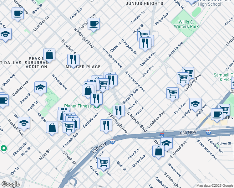 map of restaurants, bars, coffee shops, grocery stores, and more near 5010 Eastside Avenue in Dallas