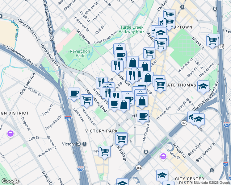 map of restaurants, bars, coffee shops, grocery stores, and more near 2826 Bookhout Street in Dallas