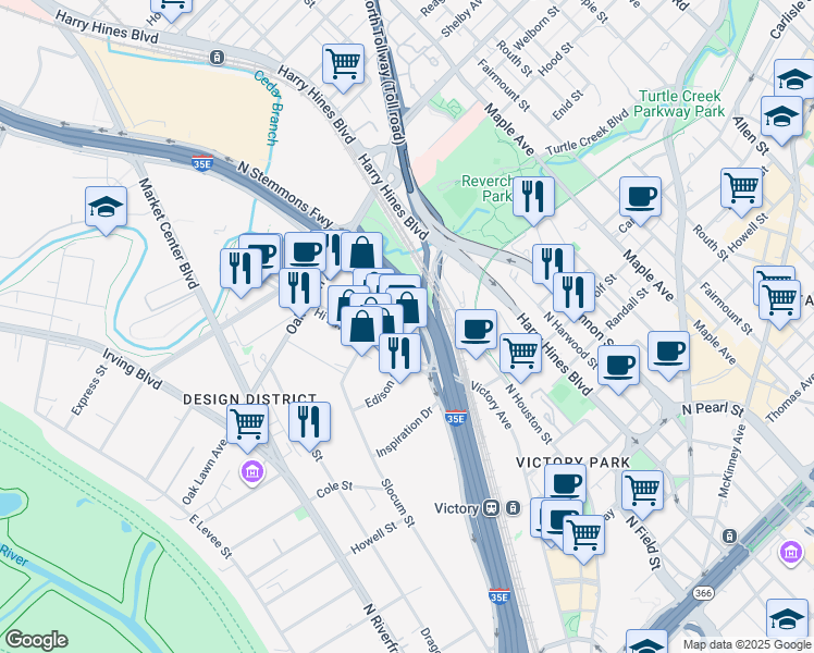 map of restaurants, bars, coffee shops, grocery stores, and more near 1525 North Stemmons Freeway in Dallas