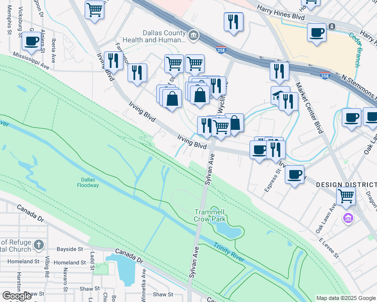 map of restaurants, bars, coffee shops, grocery stores, and more near 2243-2245 Irving Blvd in Dallas