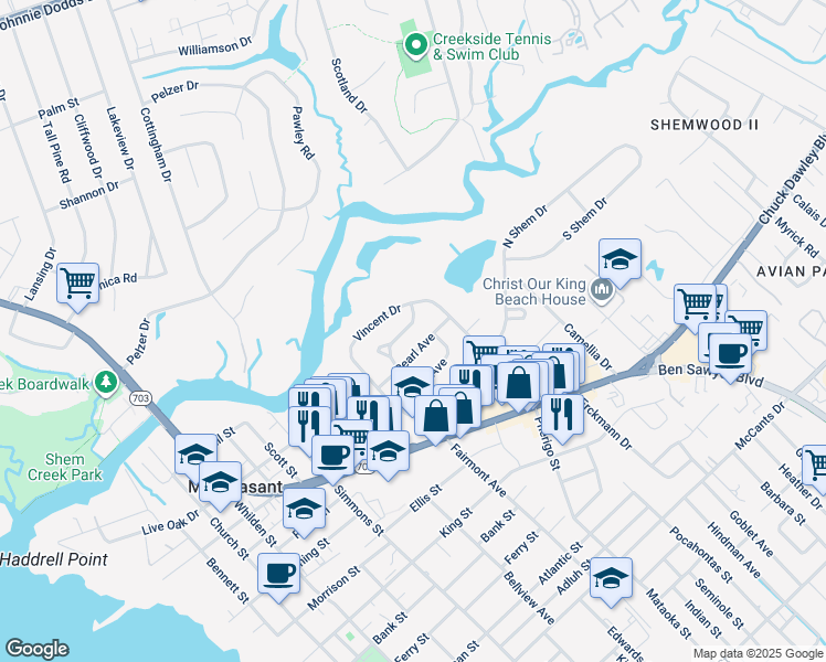 map of restaurants, bars, coffee shops, grocery stores, and more near 23 Pearl Avenue in Mount Pleasant