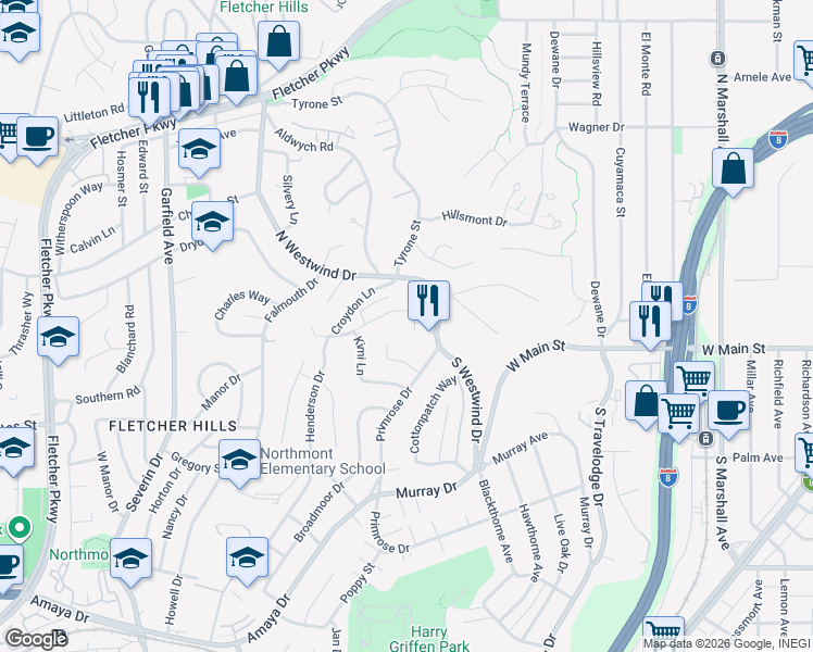 map of restaurants, bars, coffee shops, grocery stores, and more near 1805 Wedgemere Road in El Cajon