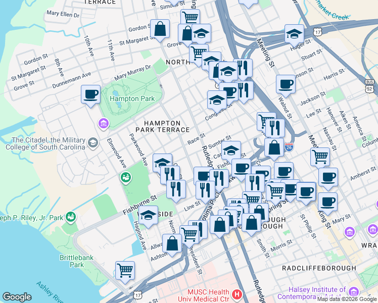 map of restaurants, bars, coffee shops, grocery stores, and more near 346 Ashley Avenue in Charleston