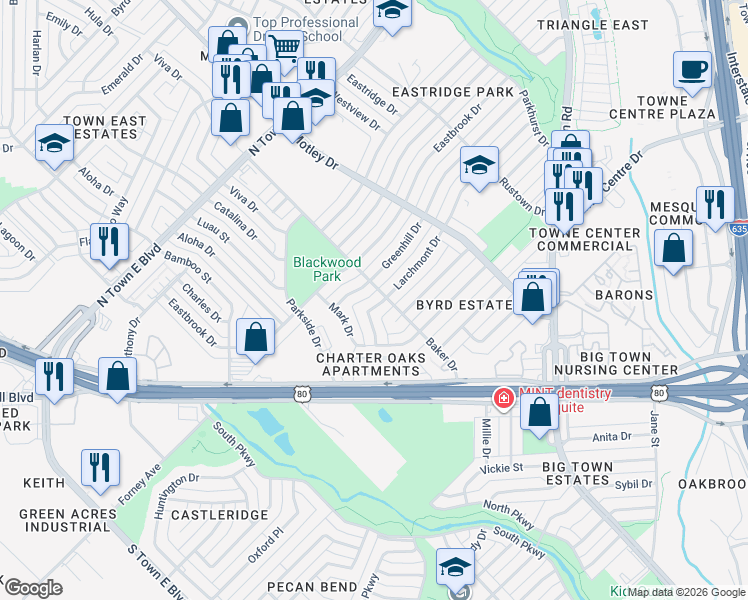 map of restaurants, bars, coffee shops, grocery stores, and more near 2802 Greenhill Drive in Mesquite