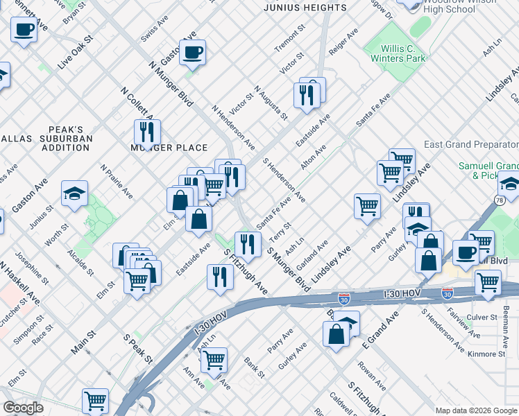 map of restaurants, bars, coffee shops, grocery stores, and more near 5119 Santa Fe Avenue in Dallas