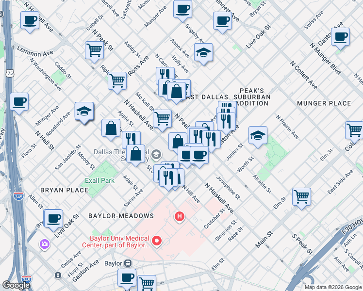 map of restaurants, bars, coffee shops, grocery stores, and more near 1190 North Haskell Avenue in Dallas