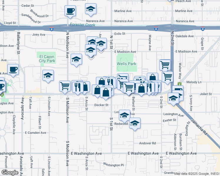 map of restaurants, bars, coffee shops, grocery stores, and more near 166 North 1st Street in El Cajon