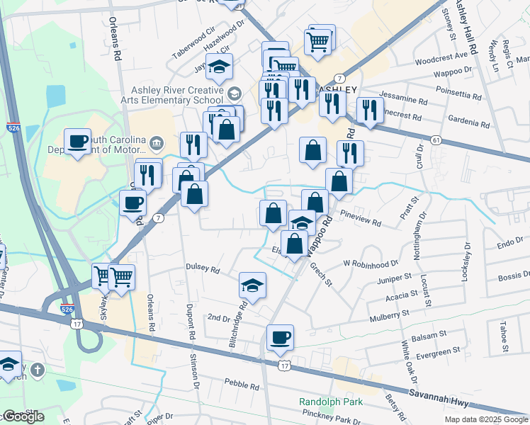map of restaurants, bars, coffee shops, grocery stores, and more near 1856 Belgrade Avenue in Charleston
