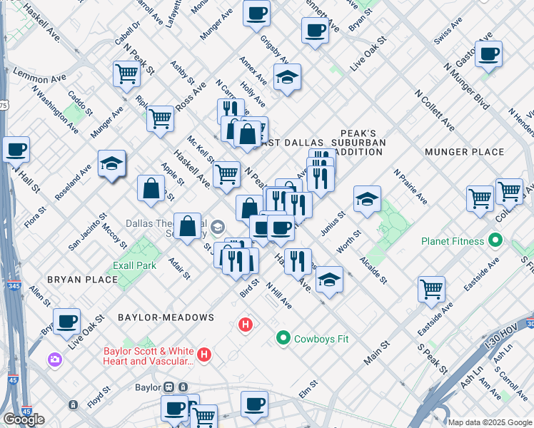map of restaurants, bars, coffee shops, grocery stores, and more near 1029 Cavour Place in Dallas