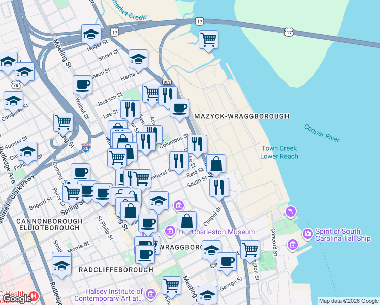 map of restaurants, bars, coffee shops, grocery stores, and more near 76 Drake Street in Charleston