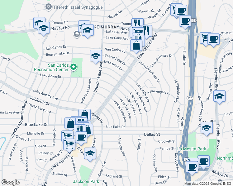 map of restaurants, bars, coffee shops, grocery stores, and more near 6387 Anvil Lake Avenue in San Diego