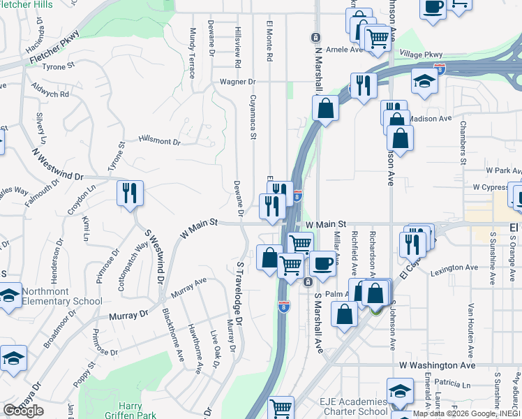 map of restaurants, bars, coffee shops, grocery stores, and more near 204 El Monte Road in El Cajon