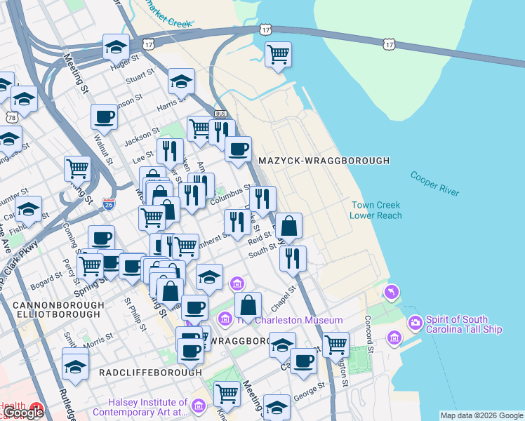 map of restaurants, bars, coffee shops, grocery stores, and more near 653 East Bay Street in Charleston