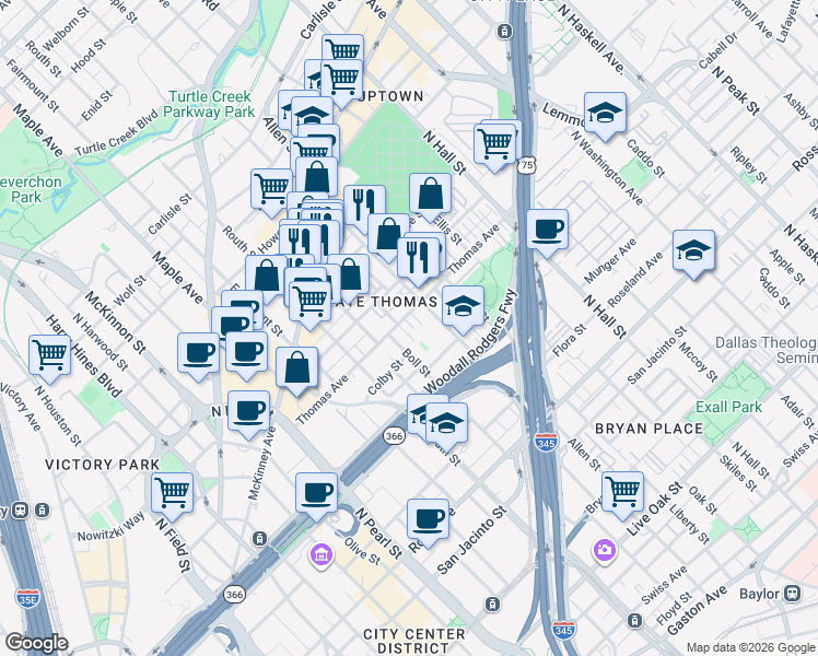 map of restaurants, bars, coffee shops, grocery stores, and more near 2220 Worthington Street in Dallas