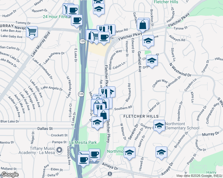 map of restaurants, bars, coffee shops, grocery stores, and more near 2676 Ferdinand Road in El Cajon