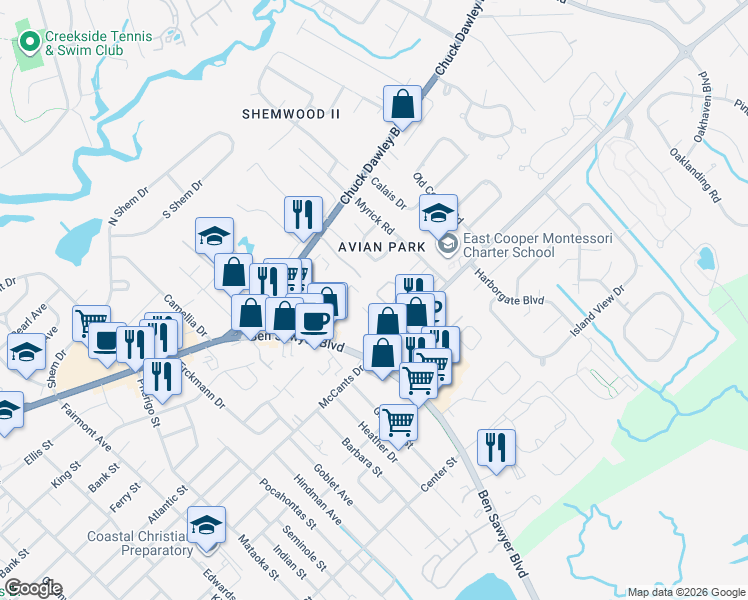 map of restaurants, bars, coffee shops, grocery stores, and more near 1370 Cassidy Court in Mount Pleasant