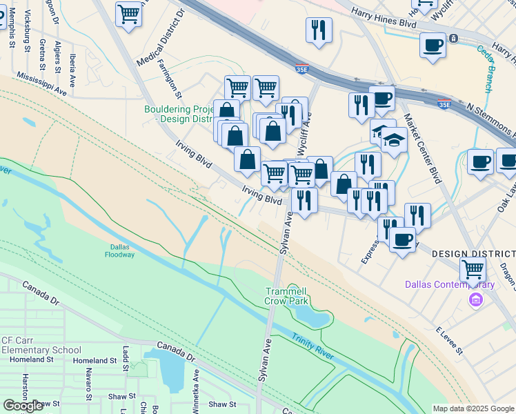 map of restaurants, bars, coffee shops, grocery stores, and more near 2245 Irving Boulevard in Dallas