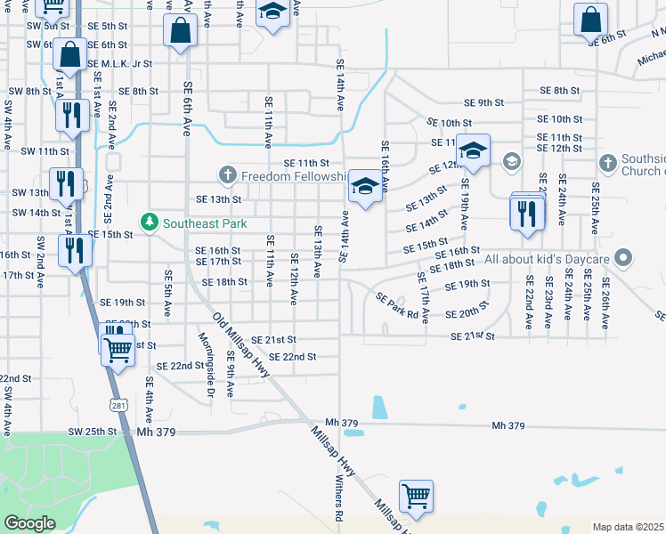 map of restaurants, bars, coffee shops, grocery stores, and more near 1804 Southeast 14th Avenue in Mineral Wells