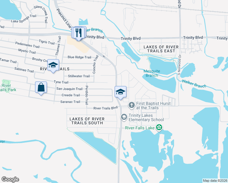 map of restaurants, bars, coffee shops, grocery stores, and more near 9130 San Joaquin Trail in Fort Worth