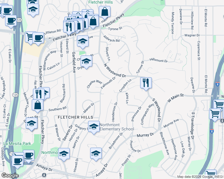 map of restaurants, bars, coffee shops, grocery stores, and more near 2081 Wedgemere Road in El Cajon