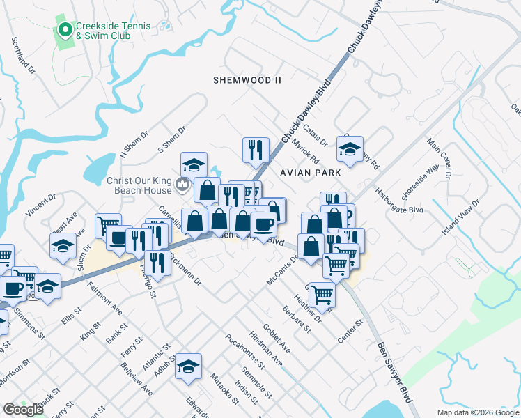 map of restaurants, bars, coffee shops, grocery stores, and more near 153 Bratton Circle in Mount Pleasant